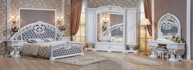 Спальня "Марелла" (Кровать 1,8; 2 тумбы; Туалетный стол с зеркалом и пуфом; Шкаф 6 дверный)